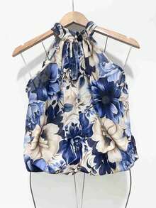 Stylish Women's Floral High Neck Blouse - Royal Blue - View 3