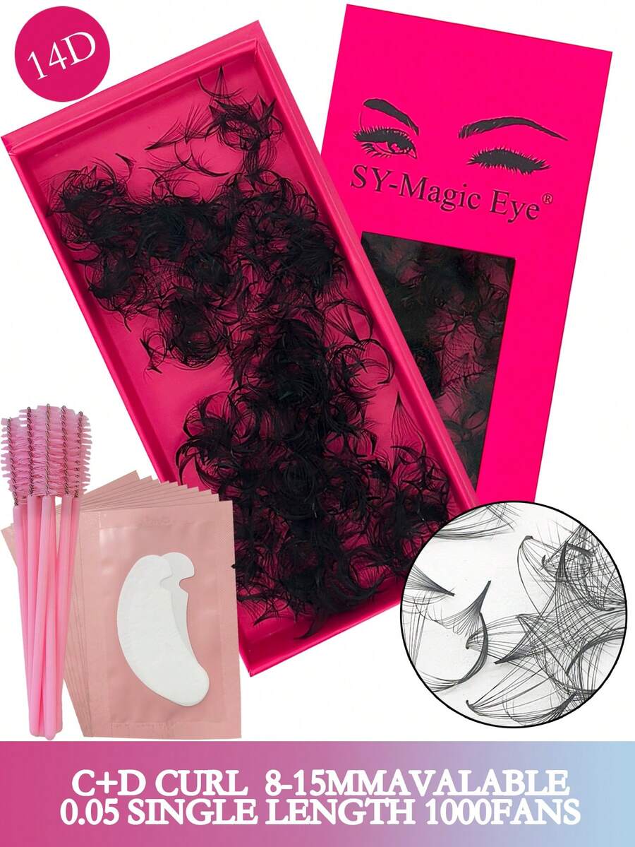 1 Box 1000 Cluster False Eyelashes, Premade Fan Pointy Base, 14D / 16D, 8-15mm Length C / D, Curl 0.05mm Thickness,10Pcs Eye Pads+10Pcs Lash Brush, Soft And Natural Grafting Handmade False Eyelashes Easy To Use And Save Time, DIY At Home, Thick Fake Lashes For Professional, Daily, Wedding, Party, Costume Makeup