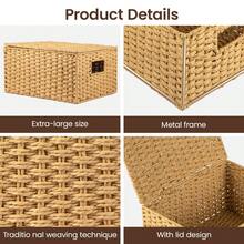 Natural Paper Rope Storage Baskets Set With Lids Woven Hamper & Organiser Box For Home Office Shelves Rustic Decorative Storage Baskets Portable Storage Baskets With Handles - Wood Color - View 3