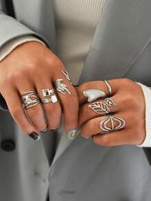 Frminee Set de 6 piezas/1 pieza de anillos apilables minimalistas de acero inoxidable, joyería de moda vintage, resistente al agua, joyería de estilo bohemio para uso diario - Plateado - Ver 6