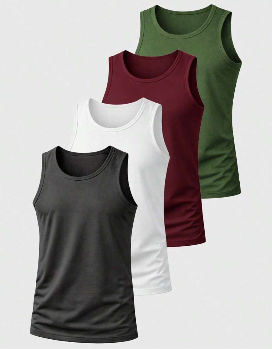 Kit 04 Men's Cotton Tank Top Shirt Comfortable Basic Plain - 酒紅色 - 查看 1