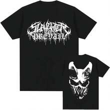 White Logo Mask Pattern T-Shirt, SLAUGHTERTOPREVAIL Rock Band T-Shirt, Hip-Hop Unisex Streetwear, Pure Cotton Short-Sleeved Men's T-Shirt, Valentine's Day Outerwear, Concert Attire. - Black - View 2