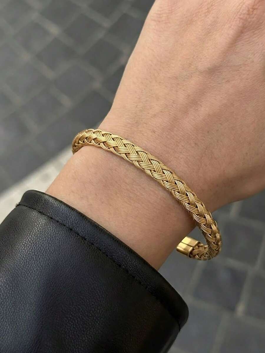 1件极简金色编织手镯 - 复古扭纹开口手镯，可叠戴日常首饰，女士礼物 - 金色 - 查看 1