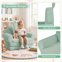 Fold-Out Kids Sofa 2-In-1 Convertible Toddler Couch & Lounger With Non-Slip Base Beige/Green/Pink - 綠色 - 查看 7