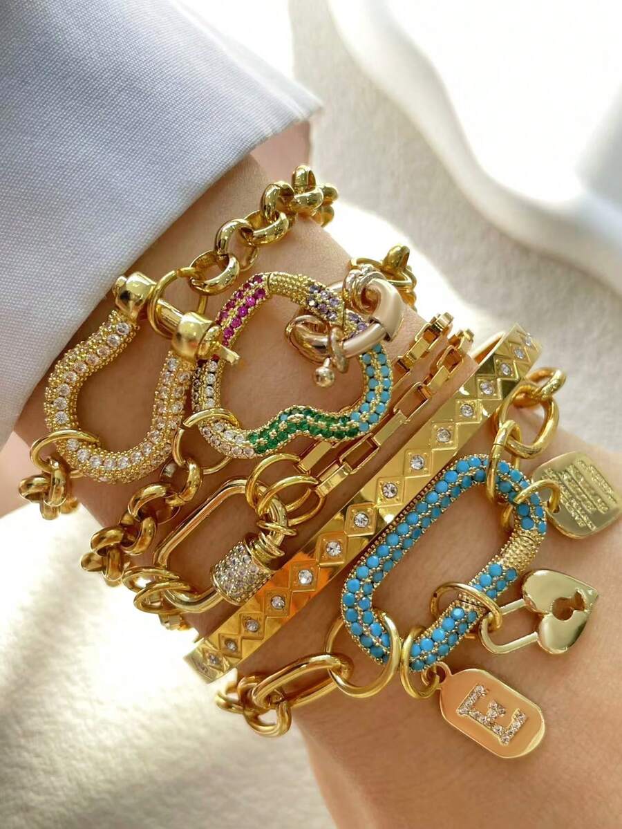 1件金色字母吊坠手链，天蓝色扣环链，不锈钢链，时尚多珠手链，独特奢华女士手链 - 金黃色 - 查看 1