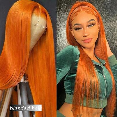 8-36 Inch Wig Human Blended Hair 180 Density 13x4 Lace Front Wigs Human Blended Hair Pre Plucked With Baby Hair 15A Glueless Straight Frontal Human Blended Hair Wigs For Women Ginger Orange 350