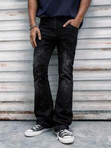 Modcrash 修身弹力牛仔裤，做旧水洗棉质牛仔裤，百搭时尚；斜插口袋水洗牛仔裤，轻便商务休闲款，百搭；直筒休闲牛仔裤，纽扣拉链设计，适合春夏四季穿着 - 黑色 - 查看 1