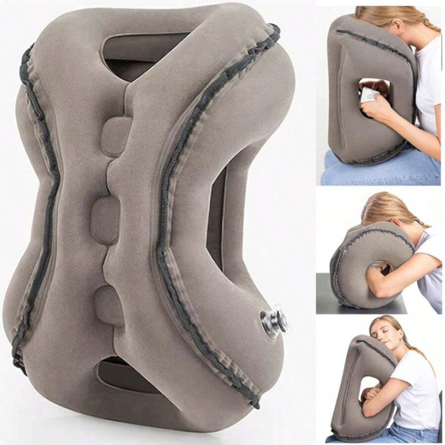 Inflatable Travel Pillow For Airplane Support Head Inflatable Pillow Neck Pillow - 淺灰色 - 查看 1