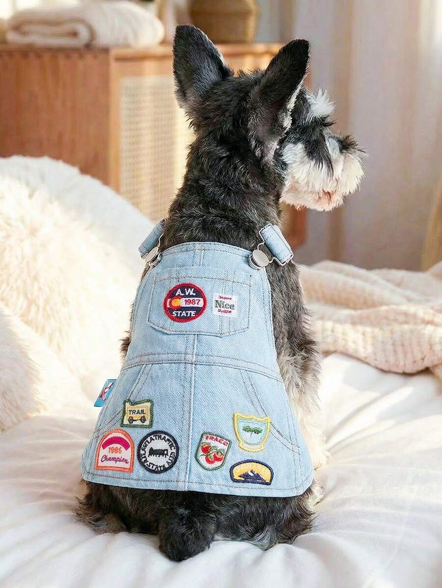 PETCIRCLE 1件宠物狗衣服,室内外皆宜,欧美韩风,适合贵宾犬、泰迪犬、小型犬和幼犬,休闲时尚可爱舒适复古徽章连衣裙 - 彩色 - 查看 1