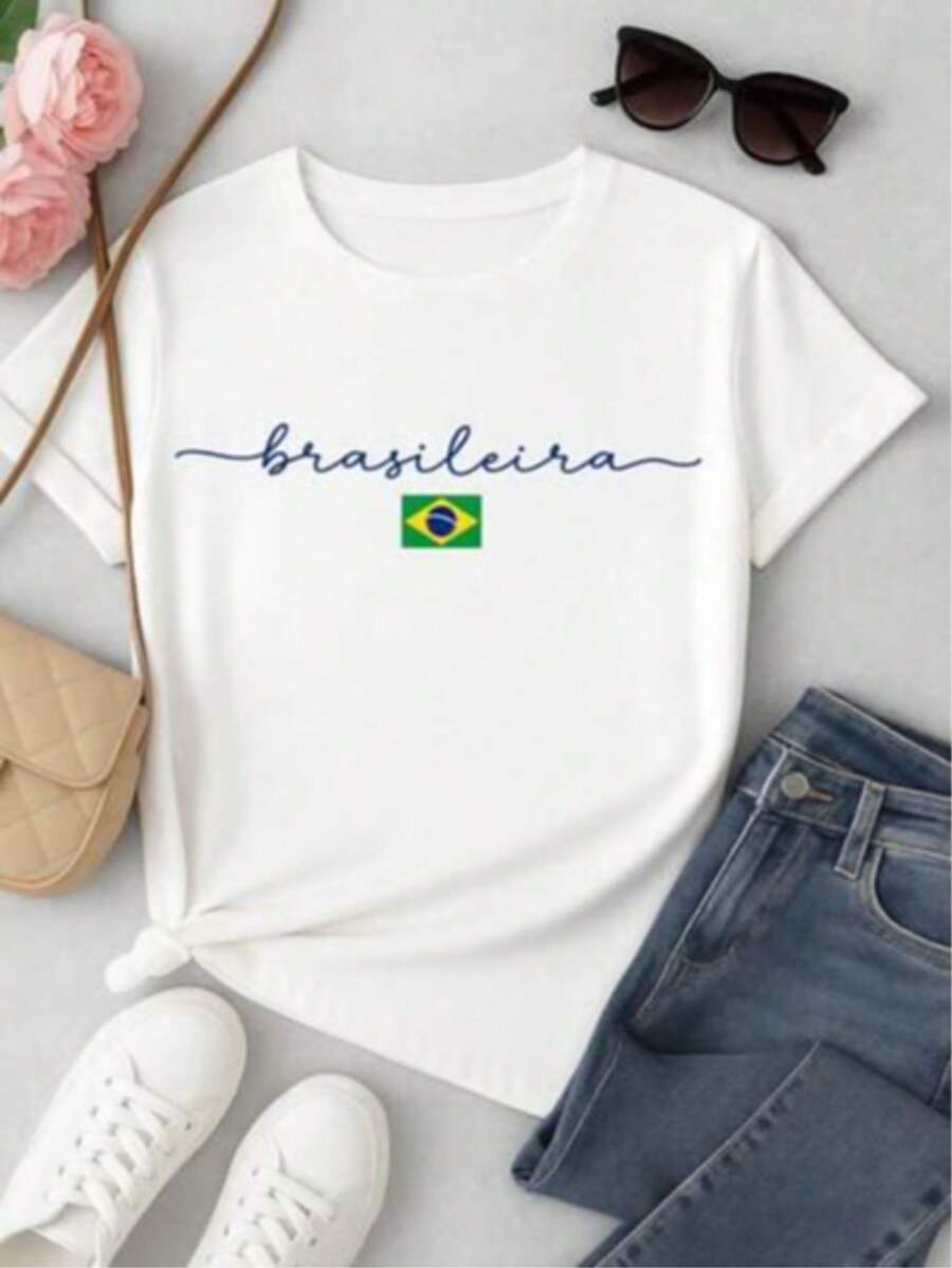 Women's T-Shirt With A Delicate Brazil Print, Comfortable And Ideal For The World Cup. 100% Cotton, Comfortable Fabric. - 白色 - 查看 1