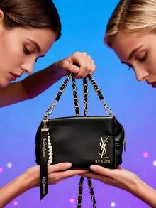 Yves Saint Laurent 女士珍珠吊坠单肩包，黑色链条单肩包，方形包 - 黑色 - 查看 2