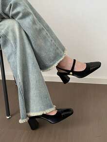 Teenage Girls' Square Toe Shallow Mary Jane Shoes, Hook And Loop Strap, Retro Chunky Heel Shoes, Fairy Style - Black - View 9