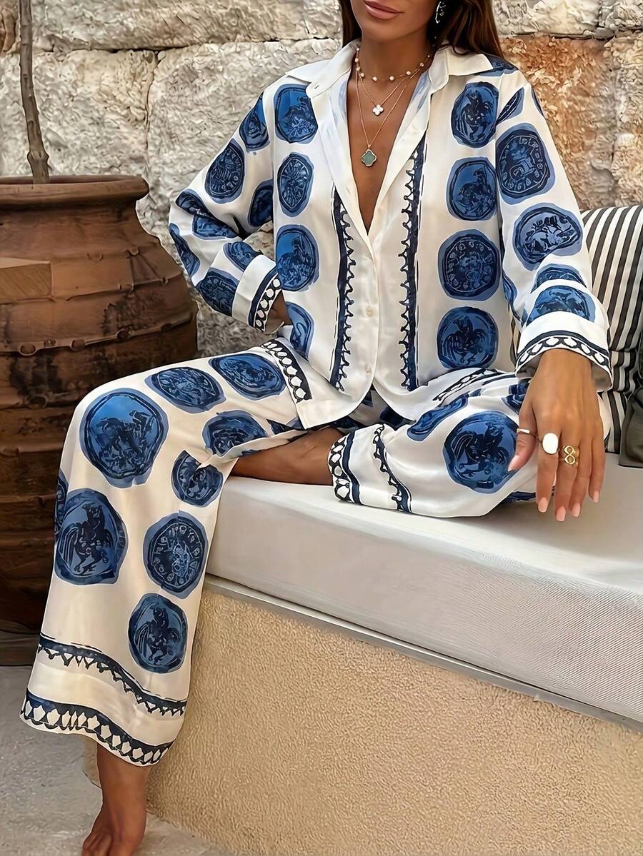 Circular Medallion Print Two-Piece Set: Button-Down Collar Blouse & Wide-Leg Pants In 100% Polyester For All-Season Resort Wear, Casual Elegance And Modern Style For Women. - 混合色2 - 查看 1