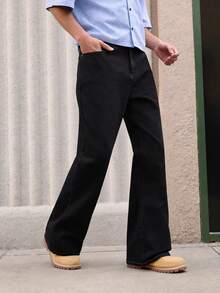 Open Phase 男士经典喇叭牛仔裤 - 休闲棉混纺面料，可机洗，无弹力，纯色，适合春夏四季穿着，宽松版型，夏季度假穿搭 - 黑色 - 查看 1
