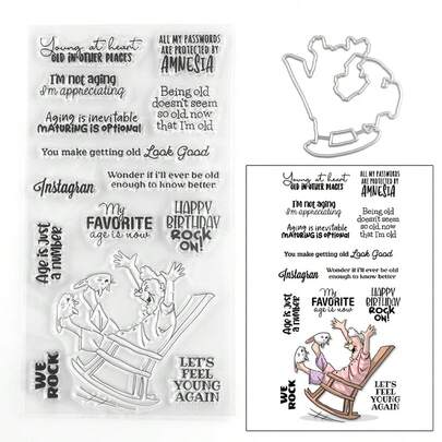 Rock & Roll Style Happy Old Man/Young At Heart/Forever Young/Rock & Roll/Birthday/Attitude Metal Cutting Molds And Silicone Rubber Stamp Set, Graphic And Text Series Template Molds For Art Decoration, Transparent Stamps And Silver-Gray Die-Cut Molds For DIY Handmade Cards And Albums