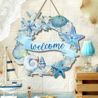 1 Piece Of Ocean Beach Main Image Wooden Wreath Ocean Welcome Sign, Starfish, Conch And Jellyfish Wooden Summer Welcome Door Sign, Suitable For Beach Door Hanging, Beach Room Decoration, Home Beach Decoration, Beach Villa Front Door Decoration