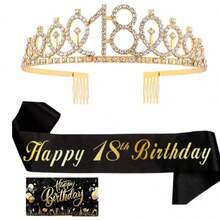 3件套女士生日绶带和皇冠套装，包含生日皇冠、绶带、胸针和贺卡，适合庆祝16岁、18岁、21岁、30岁、40岁、50岁、60岁、70岁、80岁生日。 - 彩色 - 查看 4