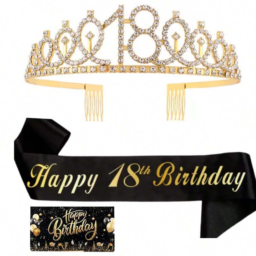 3件套女士生日绶带和皇冠套装，包含生日皇冠、绶带、胸针和贺卡，适合庆祝16岁、18岁、21岁、30岁、40岁、50岁、60岁、70岁、80岁生日。