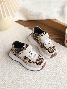 女童厚底豹纹亮片魔术贴休闲运动鞋，适合春秋季穿着 - 米色 - 查看 5