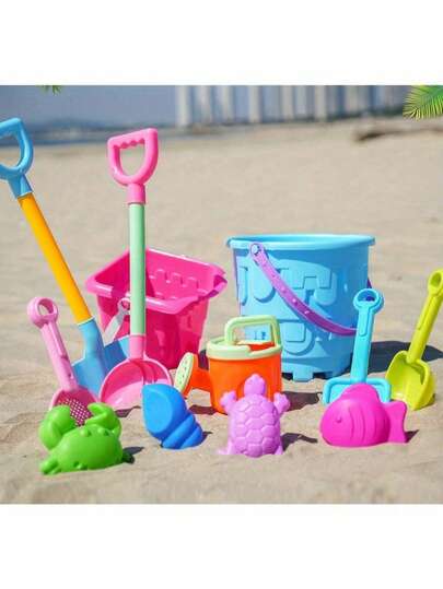 13件套沙滩沙坑玩具套装，适合18个月以上儿童，PP材质，沙滩旅行沙堡玩具，包括大型圆形城堡桶、城堡模具、大铲子，颜色和款式随机。
