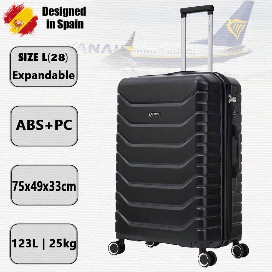 可扩展大号ABS+PC行李箱，75x49x31厘米 - 扩展后33.50厘米 | 114升 - 123升 | 28英寸 | 25公斤承重，半硬壳密码锁 - 黑色/海军蓝/黄色/薄荷绿/玫瑰金/绿色/浅粉色/蓝绿色 - 黑色 | L | 可擴展 - 查看 1