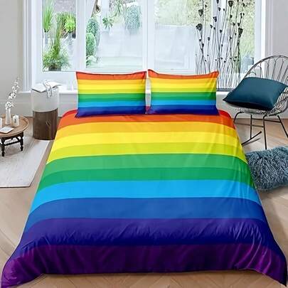 2/3pcs Rainbow Bedding Set Abstract Stripes Design Duvet Cover Set, Red Orange Yellow Green Blue Purple Comforter Cover For Men Women Modern Room Decor Bedding With 1/2 Pillowcase Zipper, All Seasons, Christmas Gifts Decoration