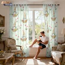 2片装复活节主题窗帘（双面）：彩色可爱兔子、复活节彩蛋、花朵图案印花遮光窗帘 - 适用于客厅和卧室，采用涤纶面料制成，可机洗，家居装饰，充满春天的活力和浪漫的氛围。 - 1825+90DCL - 查看 8