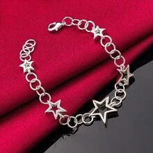 Pulsera de cadena con estrella de cinco puntas plateada en plata de ley 925 para mujer, joya de compromiso, boda y fiesta - Plateado - Ver 3