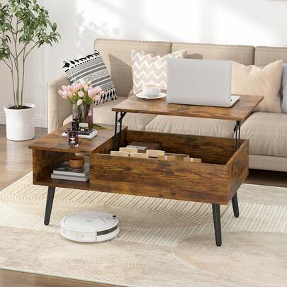  Advwin Lift Top Coffee Table Wooden Laptop Desk W/ Hidden Storage & Shelf Walnut