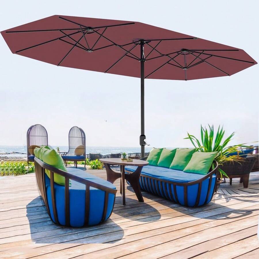 13 FT Large Double-Sided Rectangle Patio Umbrella – Crank Handle & Tilt Adjustment, Waterproof Polyester Canopy for Garden/Pool - burdeos - Ver 1