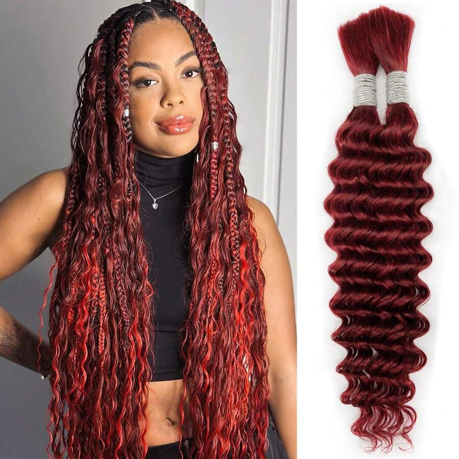99J Bordeaux Red Human Hair Braiding Extensions, 3 Bundles 20 Inch 100g 12A Deep Wave Braiding Hair, Bohemian Seamless Braids, 100% Unprocessed Brazilian Virgin Hair - S99J - View 1
