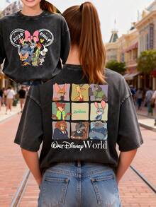 This Disney Women's T-Shirt Features A Creative Zootopia Letter And Cartoon Print. It's A Spring/Summer Style Round Neck Retro Washed Cotton T-Shirt, Made Of Soft And Comfortable Pure Cotton Fabric, Suitable For Everyday Wear, Shopping, Travel, And Casual Occasions. It Also Makes A Wonderful Gift. - Black - View 1