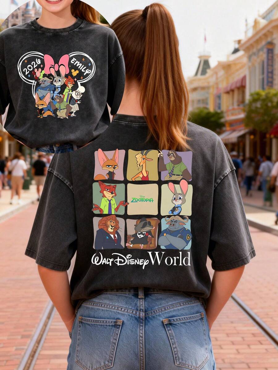 This Disney Women's T-Shirt Features A Creative Zootopia Letter And Cartoon Print. It's A Spring/Summer Style Round Neck Retro Washed Cotton T-Shirt, Made Of Soft And Comfortable Pure Cotton Fabric, Suitable For Everyday Wear, Shopping, Travel, And Casual Occasions. It Also Makes A Wonderful Gift. - Black - View 1