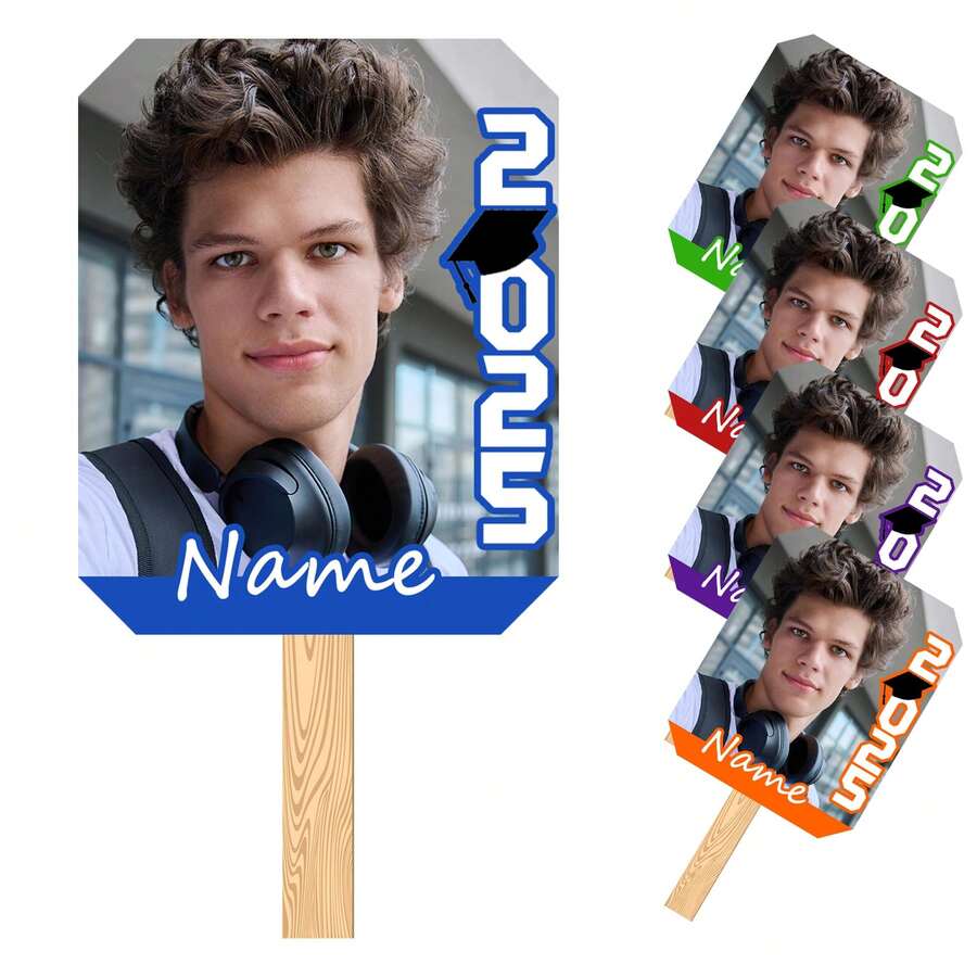 1pc/3pcs/6pcs Personalized Face Fan With Wooden Handle Custom Photo Head Fan 2026 Graduation Birthday Party Favors Creative Celebration Prop - Color 1 - View 1