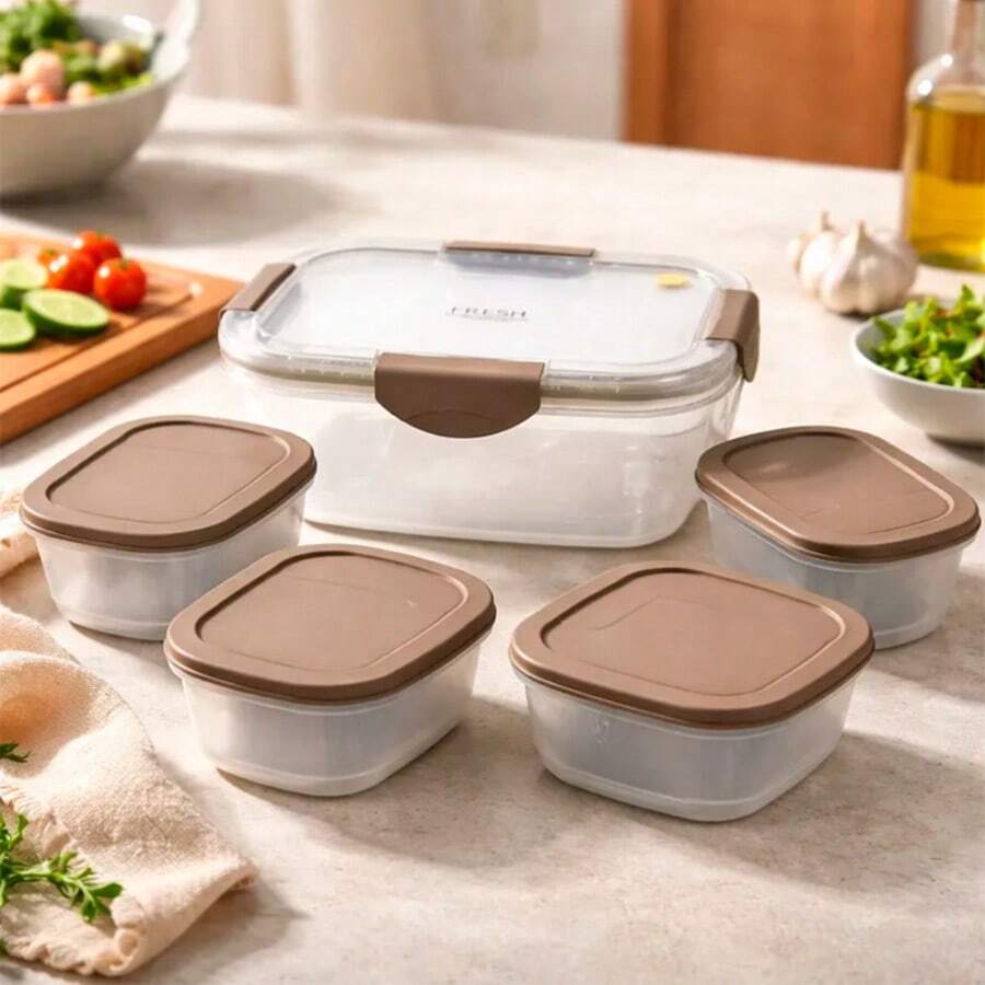 Set de 5 Recipientes Herméticos Transparentes para Almacenamiento de Alimentos, Resistentes a Temperatura - Camel - Ver 1