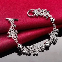 925纯银镀层葡萄造型光滑珠链手链，时尚女士结婚订婚礼物礼物 - 銀色 - 查看 5