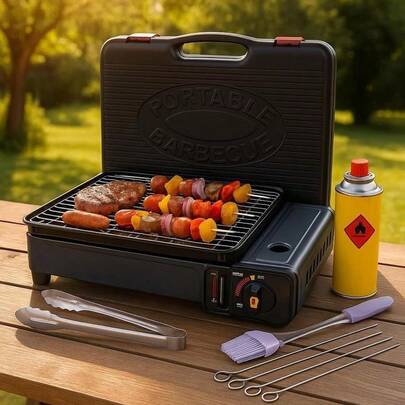 Portable Gas Stove Burner Stainless Steel Compact Camping Stove With Grill Plate Drip Tray Tongs And Carry Case For Outdoor BBQ Picnic Travel Cooking
