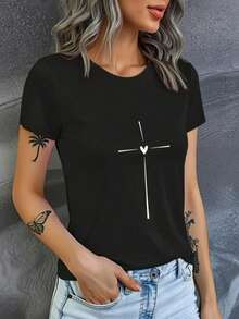 Women's Cotton T-Shirt Blouse Comfortable Delicate Heart Cross T-Shirt - 黑色 - 查看 3