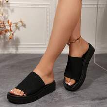 Women's Chunky Platform Sandals Slip On – Open Toe Knit Flatform Slides Comfortable Summer Casual Shoes - 黑色 - 查看 4