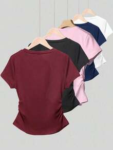 A Simple Solid-Color Short-Sleeved T-Shirt Set For Women, Suitable For Daily Wear And Easy To Match With Various Outfits. Includes 1 Piece - Màu Đỏ Sâu - Xem 2