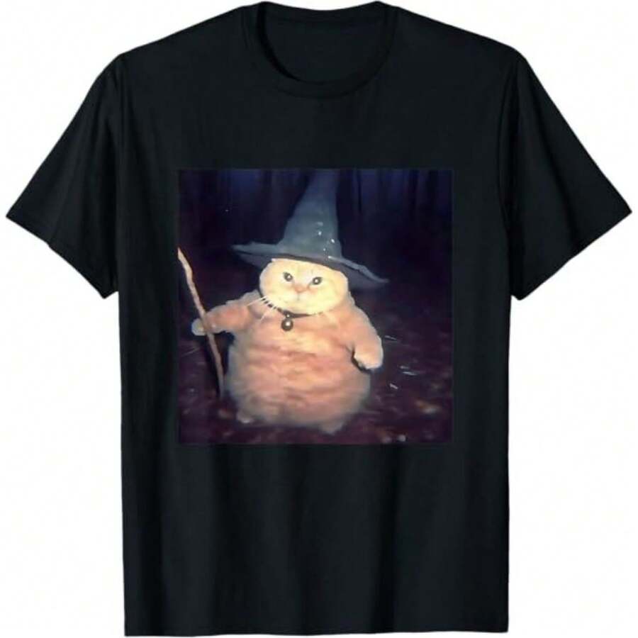 Cute Wizard Cat Halloween Spooky Casual T-Shirt,Wizard Cat Weird Funny Halloween Cat Meme T-Shirt - 黑色 - 查看 1