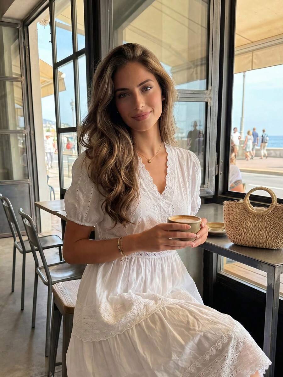 白色镂空蕾丝V领度假收腰刺绣迷你连衣裙 - 白色 - 查看 1