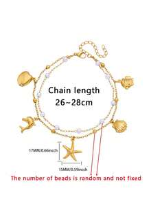 1件海洋风海星贝壳海豚脚链，金色不锈钢珠链脚链，夏季沙滩风，时尚脚部饰品，沙滩度假风脚链 - 金黃色 - 查看 13