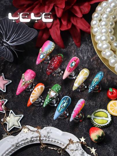 10pcs Press On Nails Y2K Summer,Pink,Orange,Yellow,Blue,Green,3d Three-Dimensional Decoration Element,Grape,Lemon,French Tip,Trobal Design,Shiny Rhinestone Decor,Heart,Pendant, Nordic Full Cover Acrylic Handmade Press On Nails Stiletto Chams Kit,Princess Style Nail Art For Girls And Women With 1pc Mini Nail File & 1 Sheet Adhesive Tabs ,Nail Supplies Suitable For Daily,Party,Wedding,Music Day