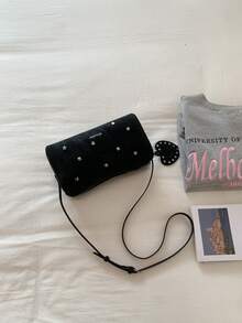 休闲字母印花斜挎包，复古星星和爱心设计，女士单肩包，春季款 - 黑色 - 查看 9