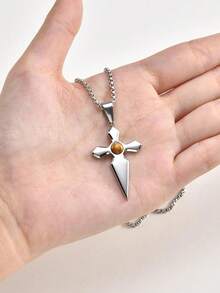 1pc Minimalist Stainless Steel Tiger Eye Cross Pendant Necklace For Men, Christian, Easter, Baptism - 2287 - View 4