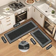 Alfombrillas antifatiga para cocina KIMODE de 17.3 X 47+17.3 X 29, alfombras de cocina estilo bohemio azul, alfombrillas de cocina antideslizantes e impermeables, alfombrilla de espuma vintage para fregadero de cocina, lavandería, escritorio OGHP - Blanco y negro - Ver 8