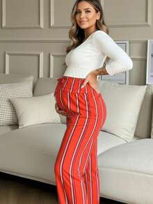 Pantalón de maternidad mama embarazo estampado rayas cintura alta pretina ancha elástica ajustable pierna amplia ligera suave fresca cómodo adaptable paseo descanso diario - Naranja Quemada - Ver 1