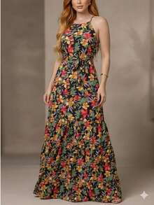 Vestido Maxi Halter con Estampado Tropical y Abstracto - Elegancia para Galas de Verano, Bodas en Playa y Fiestas al Aire Libre - Negro - Ver 1