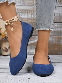 女士绒面革平底鞋，纯色尖头低跟套脚船鞋，糖果色圆头布鞋，百搭平底乐福鞋 - 藍色 - 查看 5